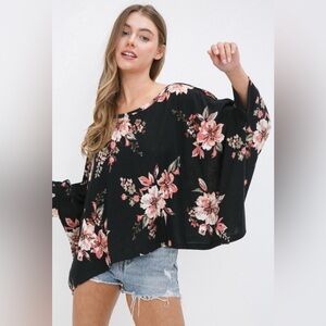 T43. Floral Black Women's Oversized Top